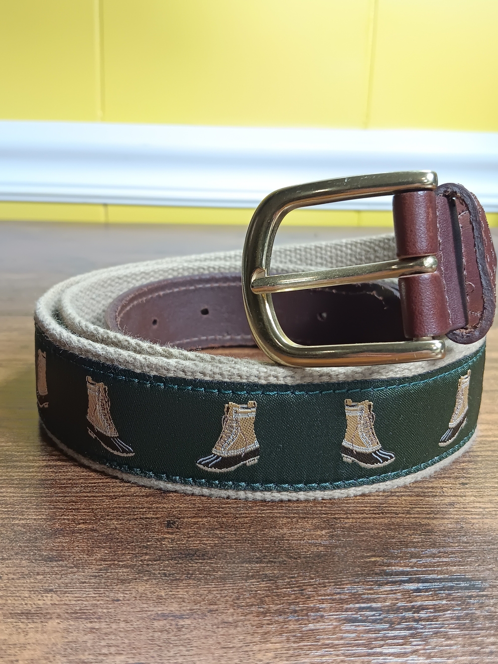Vintage LL Bean Duck Boot Belt Mens 38 Green Canvas Leather Brass
